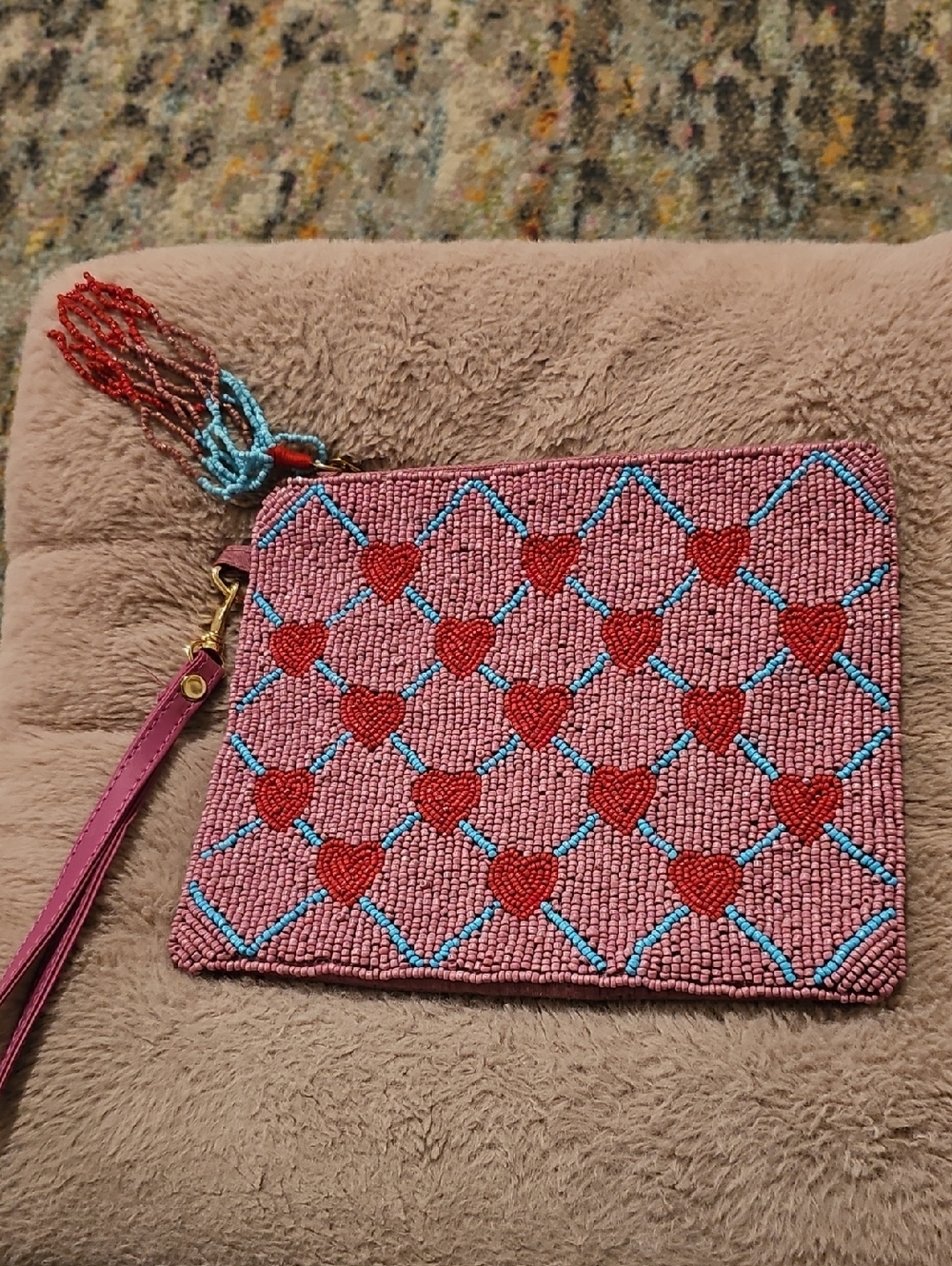 Sincerly Jules Beaded Heart Wristlet Clutch with Red and Blue Accents